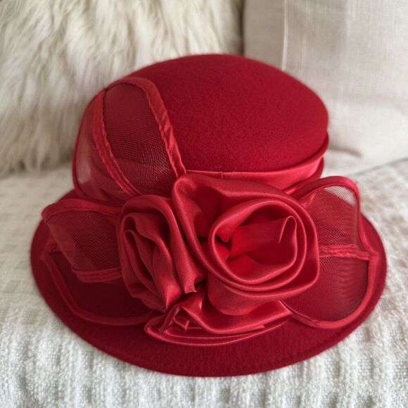 Fancy Women's Hat 100% Wool Red 3D Intricate Rose Bow Event Party Derby - Picture 7 of 12